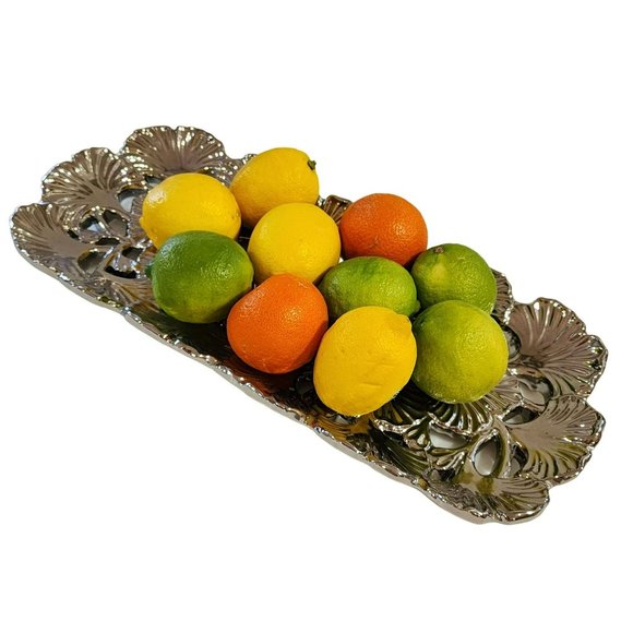 Vintage Heavy Decorative Embossed Silver Ceramic Platter Tray Size 16.5in - Picture 4 of 9